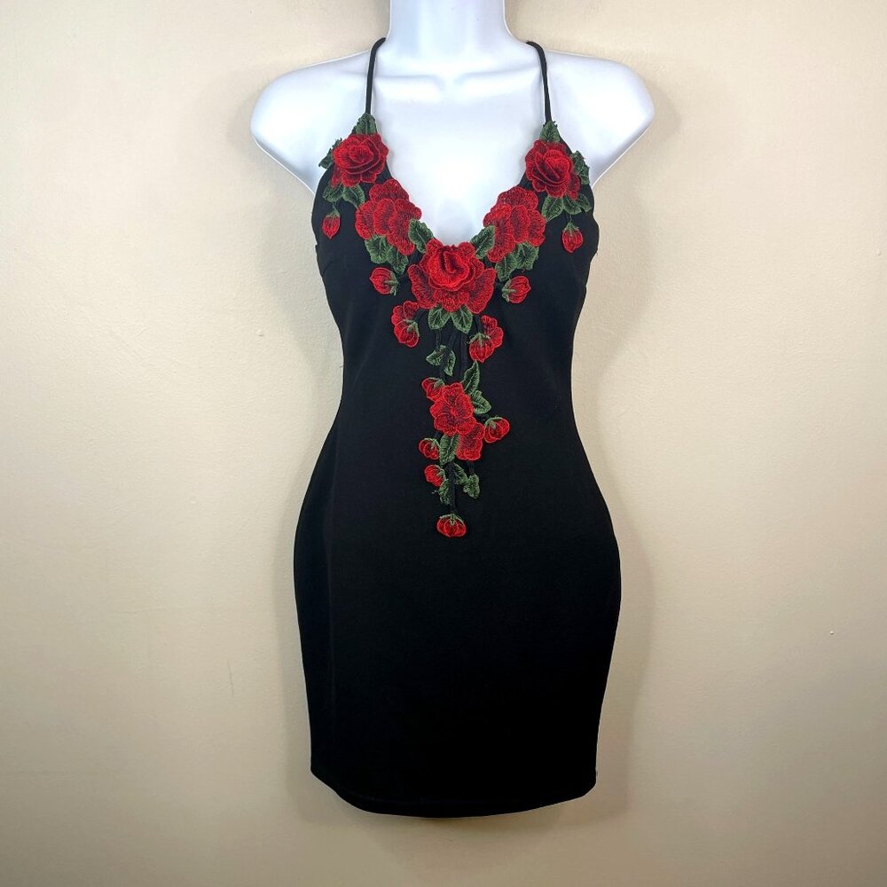 Vintage 90s Vampy Slip Dress‎ Small 3D Floral Gothic Rose Bodycon Party Cocktail